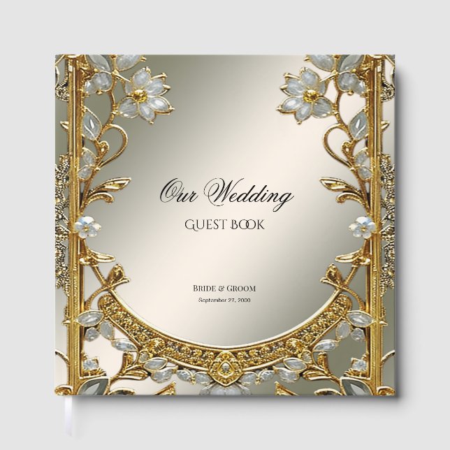 Gold Ornate White Floral Guest Book (Front)