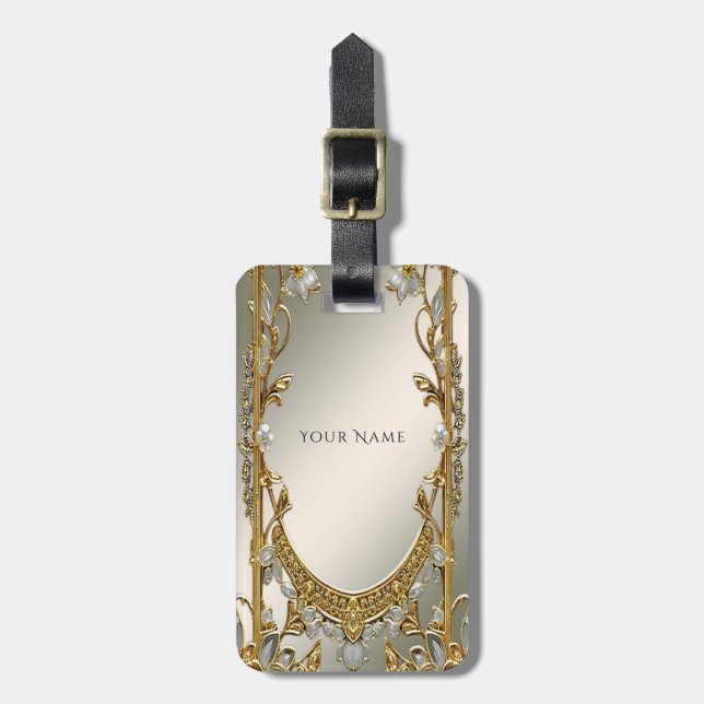 Gold Ornate White Floral Luggage Tag (Front Vertical)