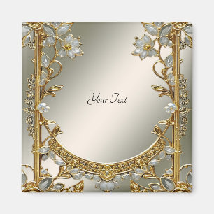 Gold Ornate White Floral Magnet