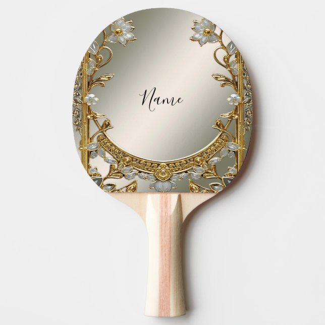 Gold Ornate White Floral Ping Pong Paddle (Front)
