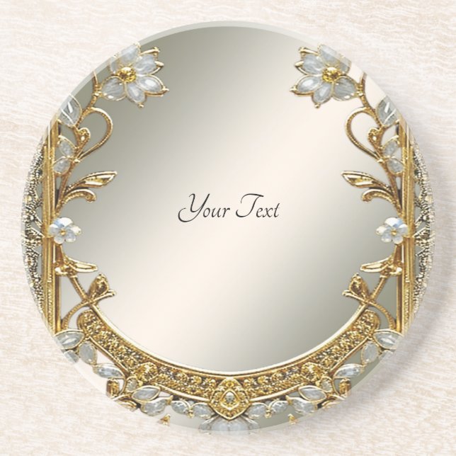 Gold Ornate White Floral Sandstone Coaster (Front)