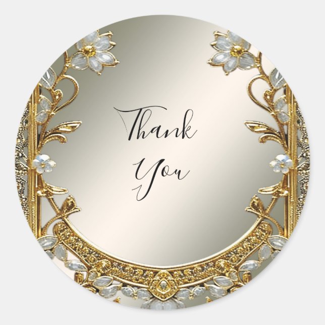 Gold Ornate White Floral Seal Wedding Sticker (Front)