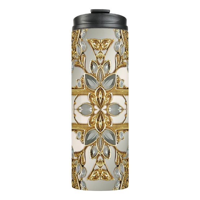 Gold Ornate White Floral Thermal Tumbler (Front)