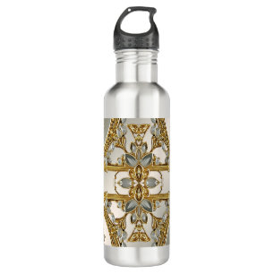 Gold Ornate White Floral Water Bottle