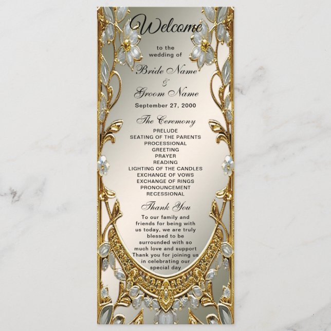 Gold Ornate White Floral Wedding Programme (Devant)