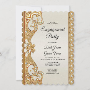 Gold Ornate White Pearls Engagement Invitation