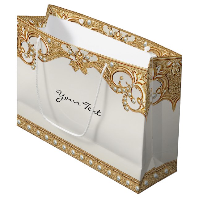 Gold Ornate White Pearls Gift Bag (Front Angled)