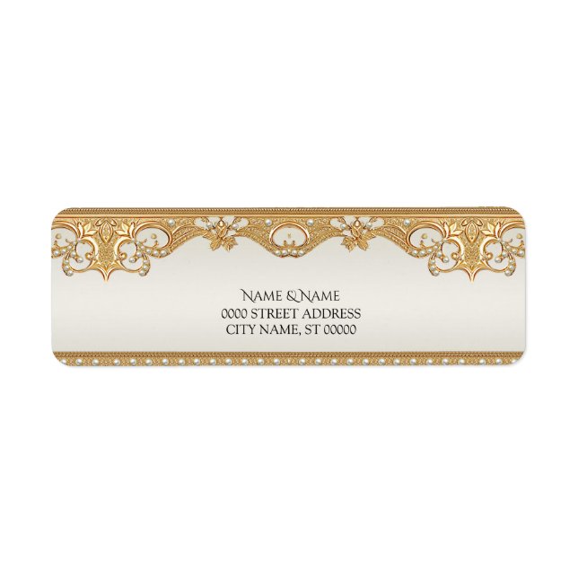 Gold Ornate White Pearls Return Address Label (Front)