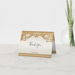 Gold Ornate White Pearls Thank You Card