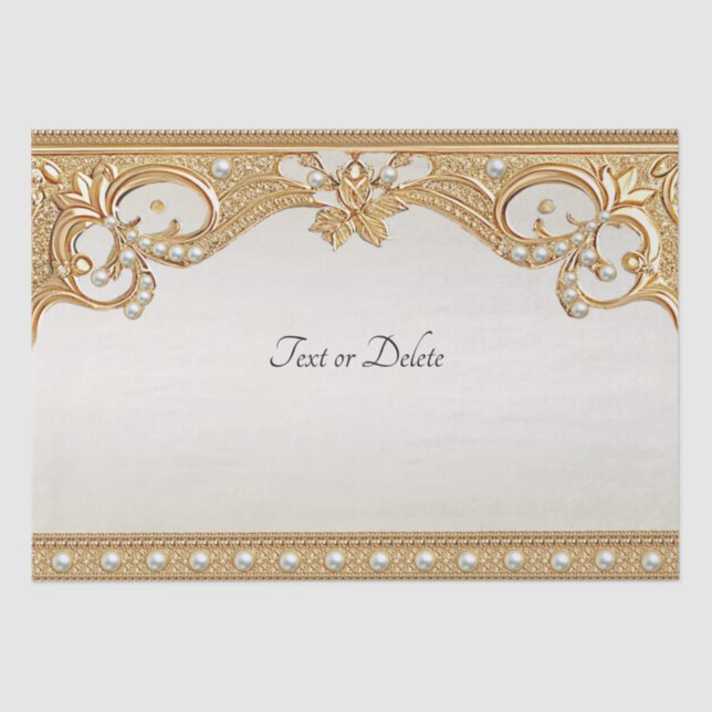 Gold Ornate White Pearls Tissue Paper (Front)