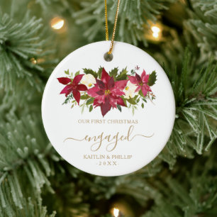 Gold Our First Christmas Engaged Photo Poinsettia Ceramic Ornament