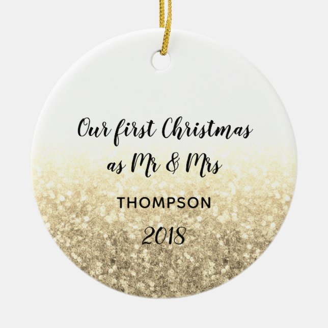 Gold Our First Christmas Mr & Mrs Couple Ceramic Ornament (Front)
