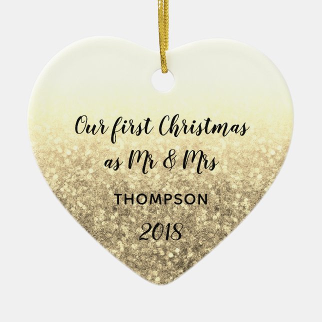 Gold Our First Christmas Mr & Mrs Married Couple Ceramic Ornament (Front)