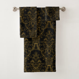 Gold Outline Black Floral Damask Bath Towel Set