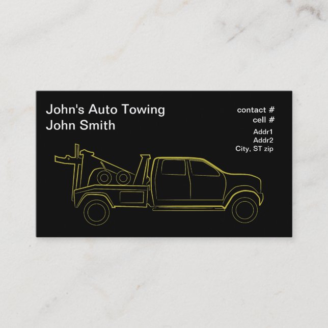 Gold outline modern wheel lift wrecker with sedan business card (Front)