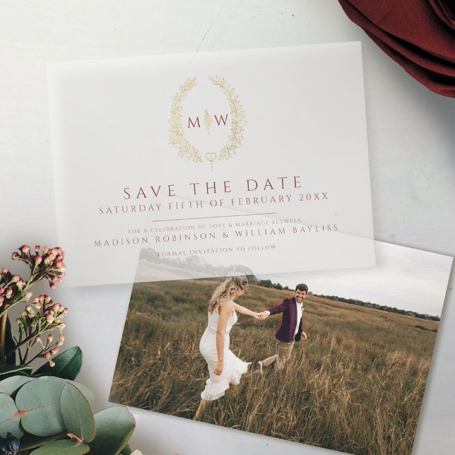 Gold oval monogram dark red save the date wedding vellum invitations (Creator Uploaded)