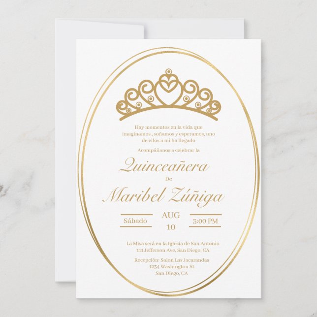 Gold oval Quinceanera invitation (Front)