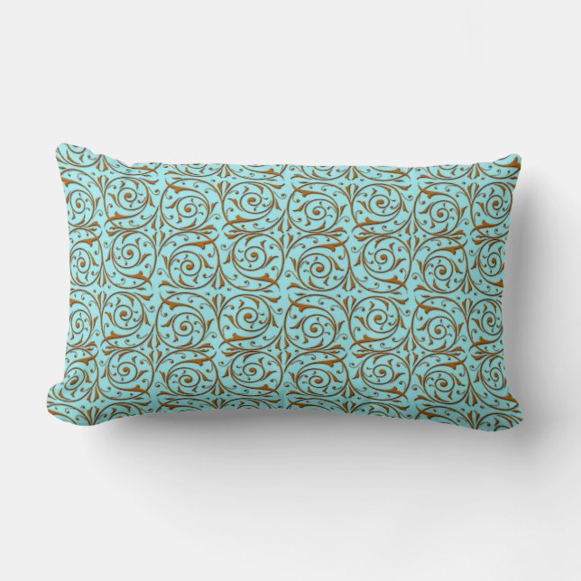 Gold over Teal Blue Green Vine Pattern Lumbar Pillow (Front)