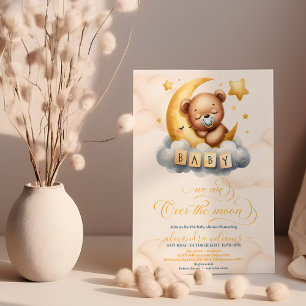 Gold Over the Moon Teddy Bear Baby Shower Invitation
