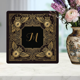 Gold Owl Compass Monogram Art Deco Tile
