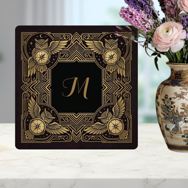 Gold Owl Compass Monogram Art Deco Tile (Creator Uploaded)