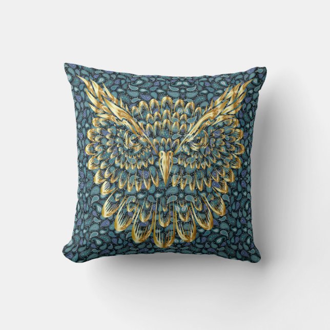 Gold Owl Face on Colourful Paisley  Throw Pillow (Front)