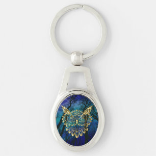 Gold Owl Face on forest at night  Keychain