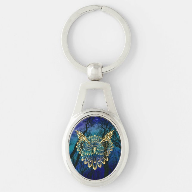 Gold Owl Face on forest at night  Keychain (Front)