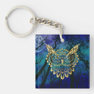 Gold Owl Face on forest at night Keychain