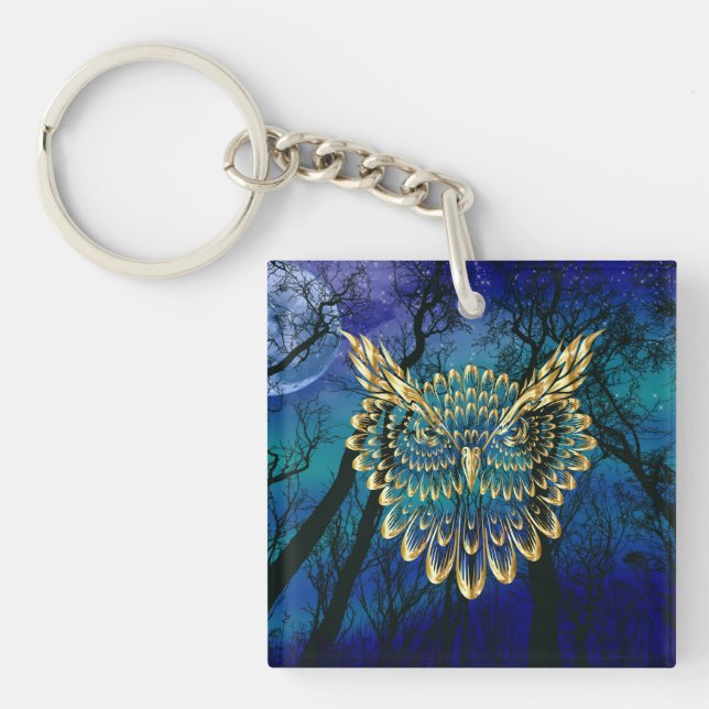 Gold Owl Face on forest at night  Keychain (Front)