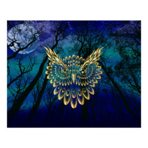 Gold Owl Face on forest at night  Poster