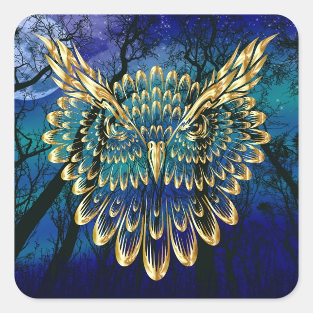 Gold Owl Face on forest at night Square Sticker (Front)
