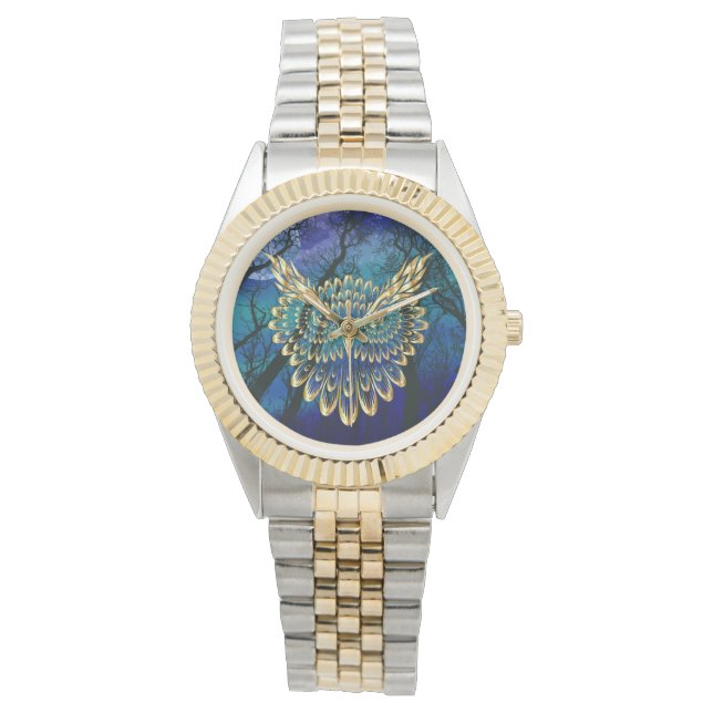 Gold Owl Face on forest at night Watch (Front)