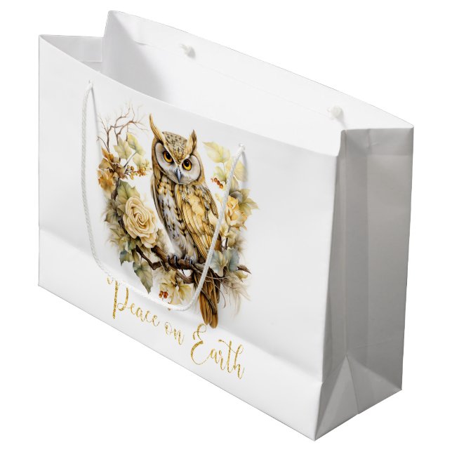 Gold Owl On A Branch  Large Gift Bag (Front Angled)
