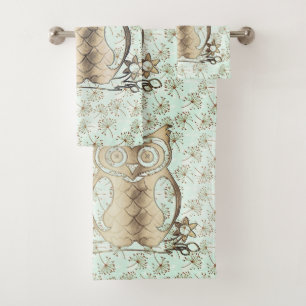 Gold owl on dandelion towel set