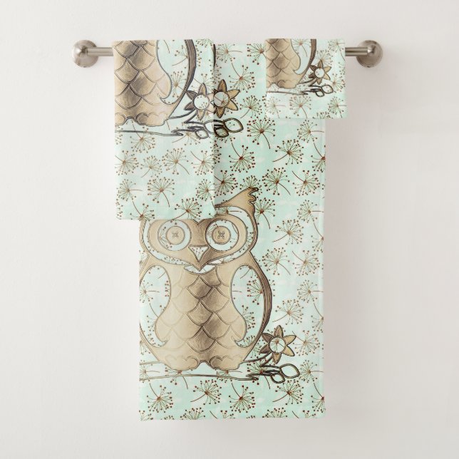 Gold owl on dandelion towel set (Insitu)