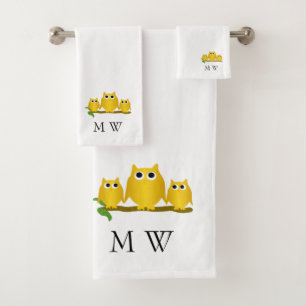 Gold Owls Design Monogrammed Bath Towel Set