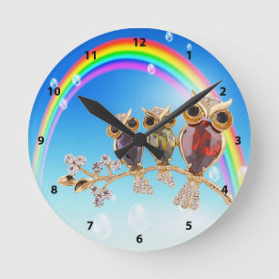 Gold Owls Jewels & Rainbow Clock