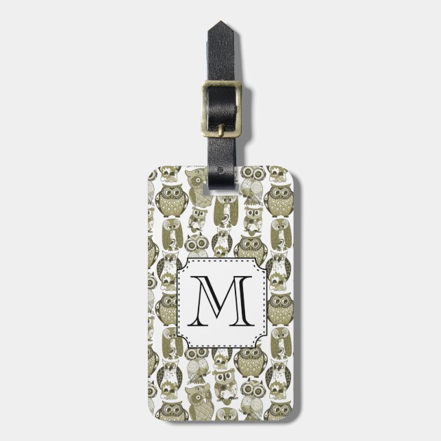 Gold Owls Monogram Luggage Tag (Front Vertical)