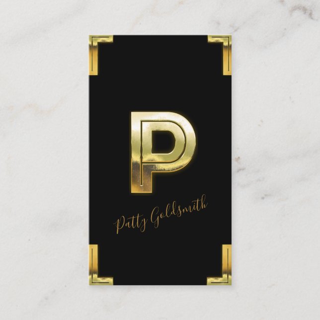 Gold P Initial and Borders Business Card (Front)