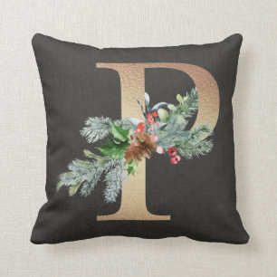 Gold P Monogram Pine & Berries Christmas Family Throw Pillow