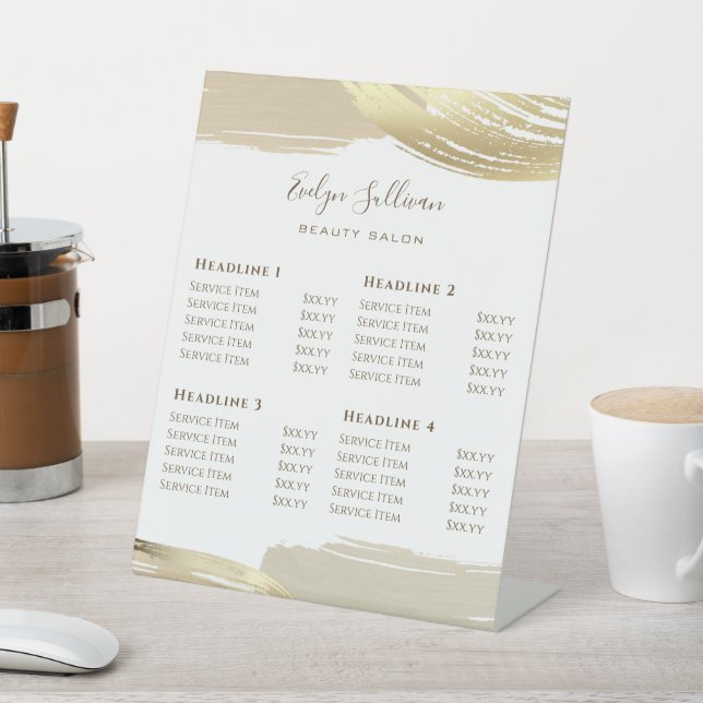 Gold Paint Brush Strokes Price List Pedestal Sign (In SItu)