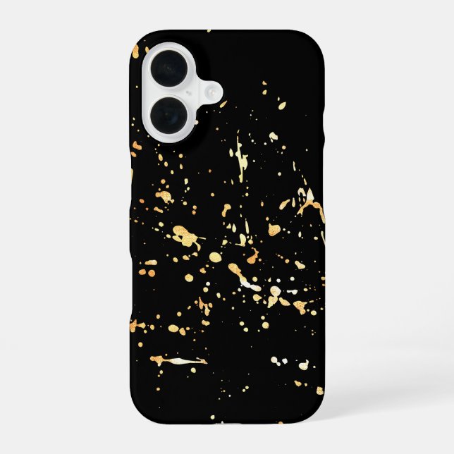 Gold Paint Splatter On Black iPhone 16 Case (Back)