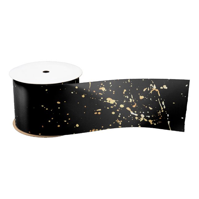 Gold Paint Splatter On Black Satin Ribbon (Spool)