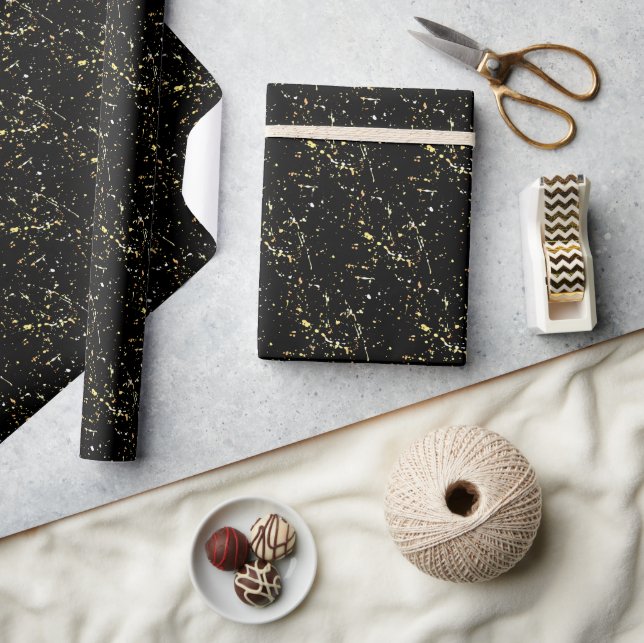 Gold Paint Splatter On Black Wrapping Paper (Crafts)