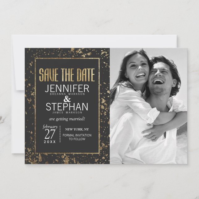 Gold Paint Splatters Save the Dates Date (Front)