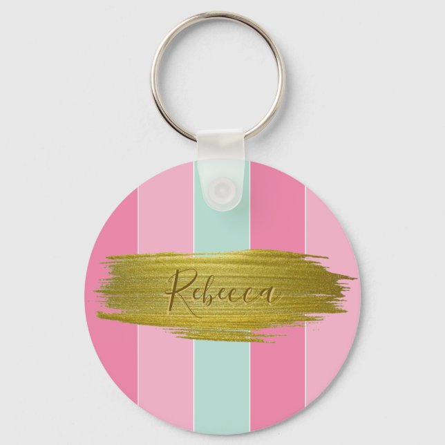 Gold Paint Stroke Colorful Mint Pink Stripes Keychain (Front)