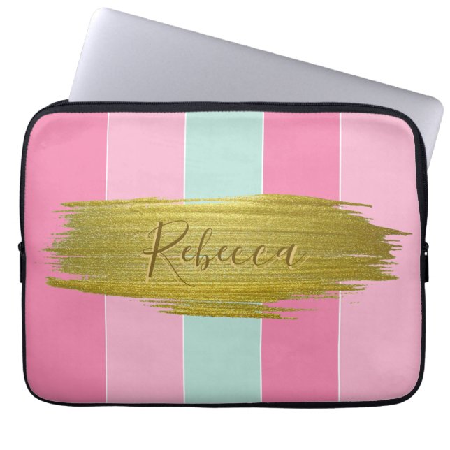 Gold Paint Stroke Colourful Mint Pink Stripes Laptop Sleeve (Front)
