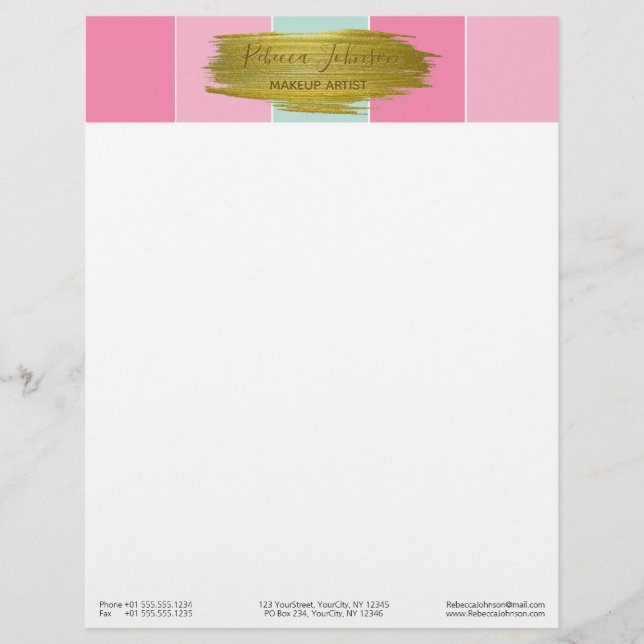 Gold Paint Stroke Colourful Mint Pink Stripes Letterhead (Front)