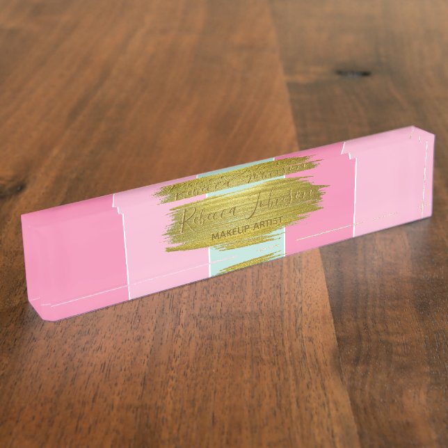 Gold Paint Stroke Colourful Mint Pink Stripes Nameplate (Side)